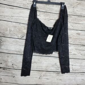 GUESS Woman’s SHEER LACE LONG SLEEVE CROP TOP BLOUSE SIZE L $79 Black NEW